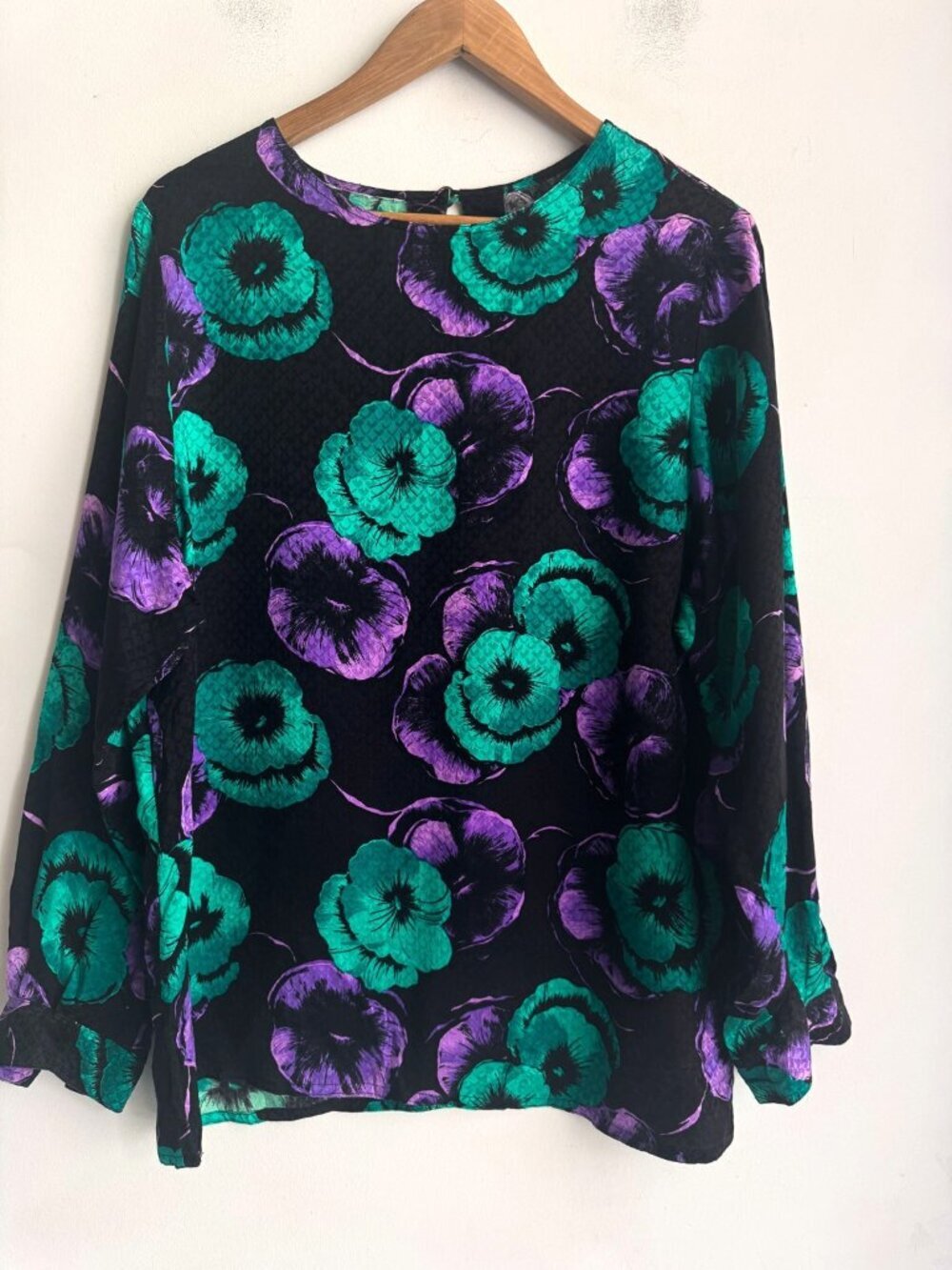 Vintage Teal Purple Floral Long Sleeve Blouse M
